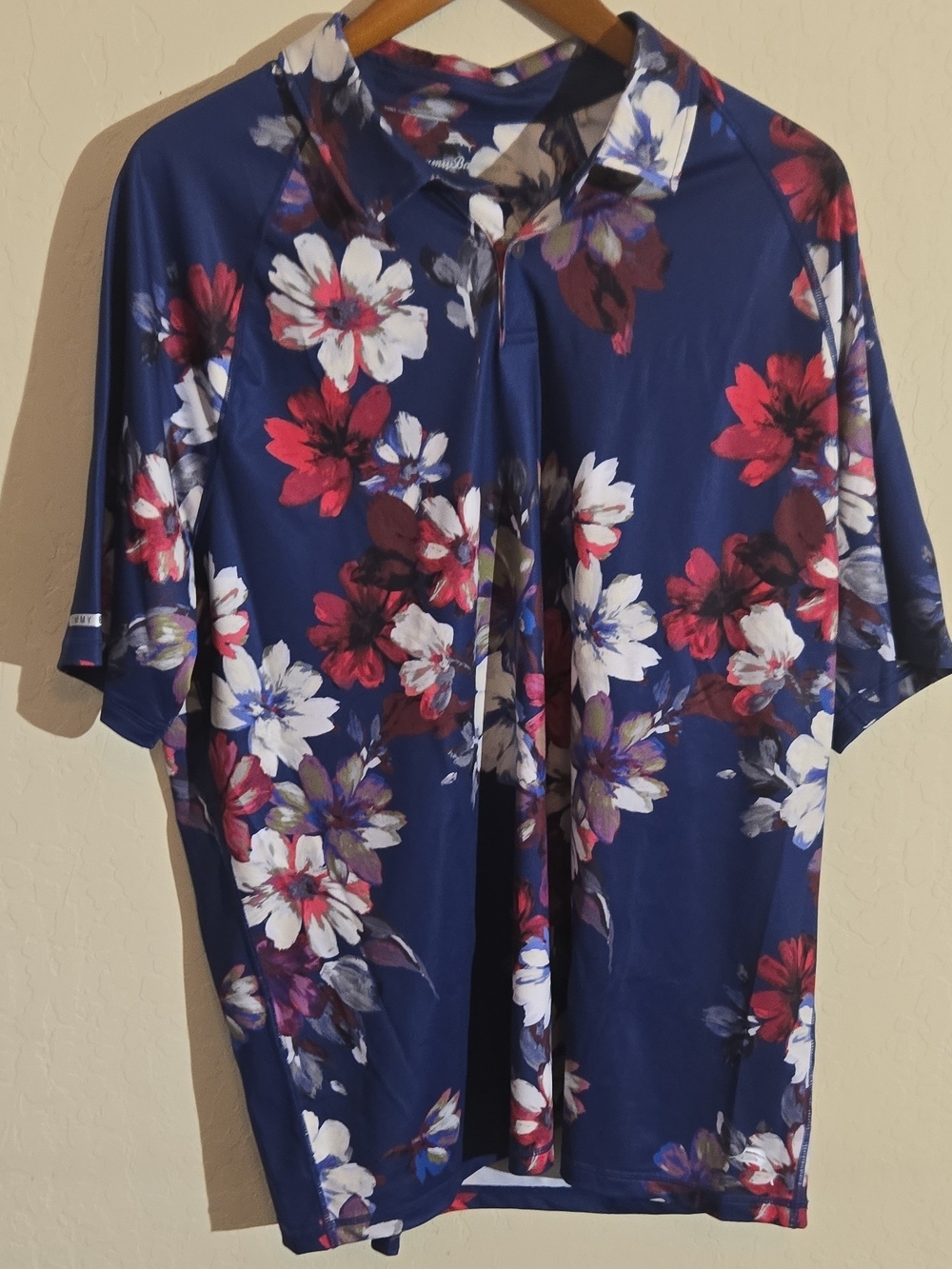 Tommy Bahama Navy Blue Floral Polo with Red & White Blooms